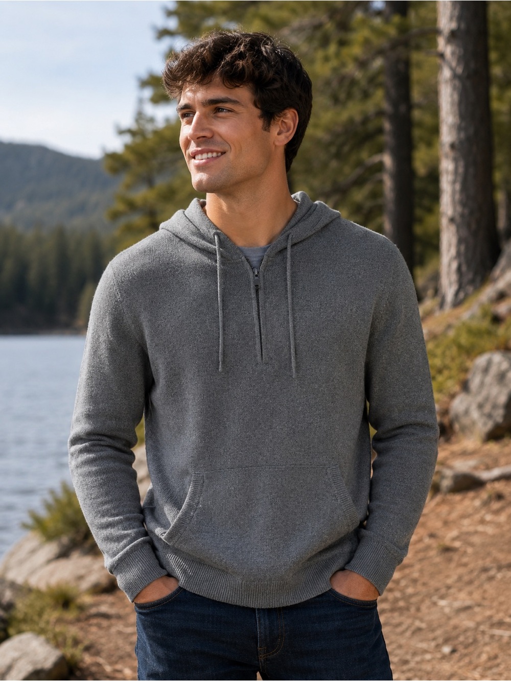 Express Gray Half-Zip Hooded Pullover